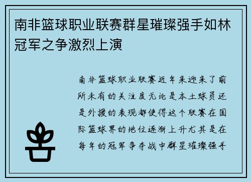 南非篮球职业联赛群星璀璨强手如林冠军之争激烈上演