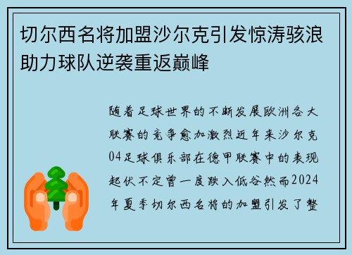 切尔西名将加盟沙尔克引发惊涛骇浪助力球队逆袭重返巅峰