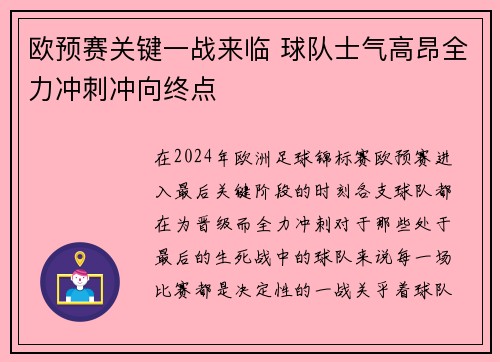 欧预赛关键一战来临 球队士气高昂全力冲刺冲向终点