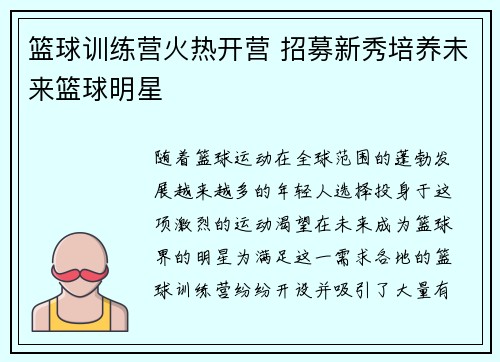 篮球训练营火热开营 招募新秀培养未来篮球明星
