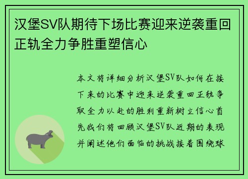 汉堡SV队期待下场比赛迎来逆袭重回正轨全力争胜重塑信心