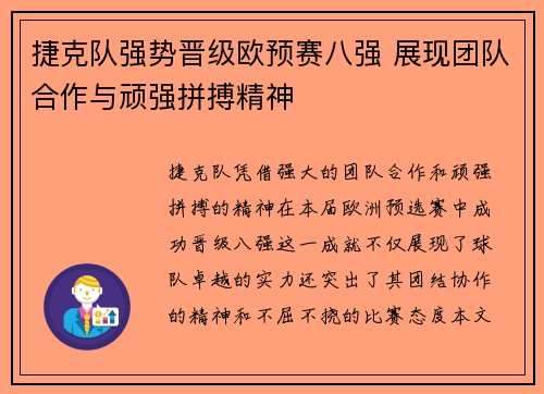 捷克队强势晋级欧预赛八强 展现团队合作与顽强拼搏精神