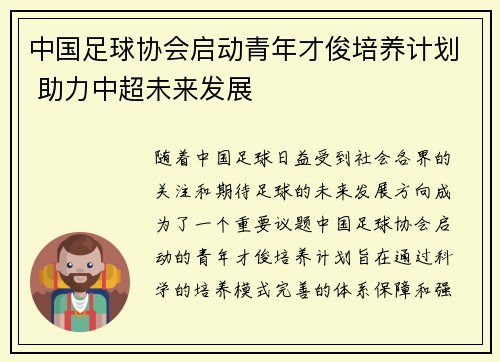 中国足球协会启动青年才俊培养计划 助力中超未来发展