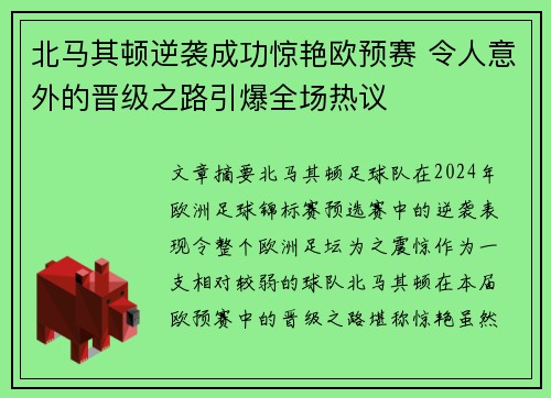 北马其顿逆袭成功惊艳欧预赛 令人意外的晋级之路引爆全场热议